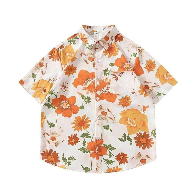Summer vacation seaside blue shirt for men and women, trendy loose-fitting plus-size Hawaiian short-sleeve shirt