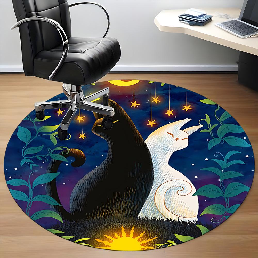 1pc Night Cats Office Round Area Rug, Indoor Mat Suitable ForOffice, Under Office Chairs Bedroom Living Room Home Decor, Room Deco T036