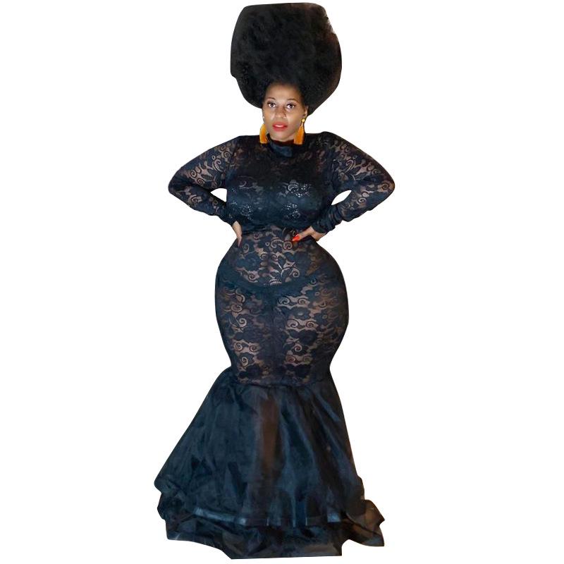 

Европейское и американское осенне-зимнее кружевное платье большого размера, сексуальное прозрачное клубное платье 4XL чёрный