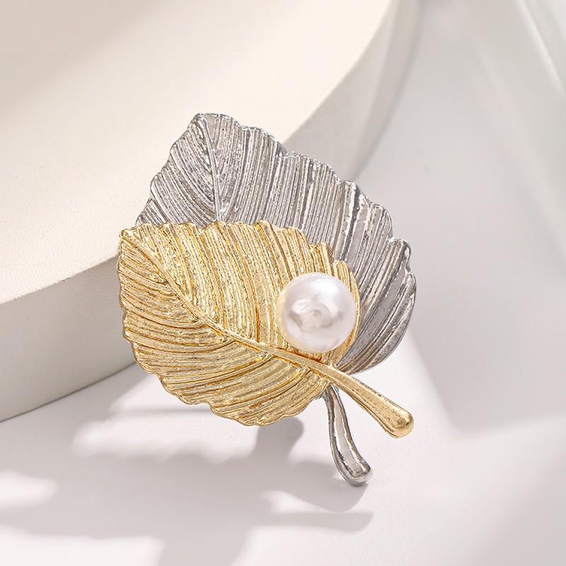 HMZ French Leaf Faux Pearl Brooch - Elegant Women's Autumn/Winter Corsage Accessory