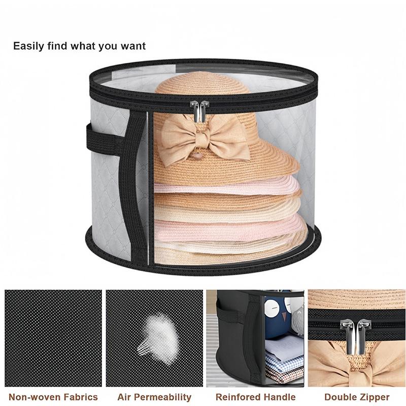 Foldable Hat Storage Bucket with Lid Clear Round Zipper Storage Bag for Clothes Hats Toys Cabinet Storage Box Home Organizers