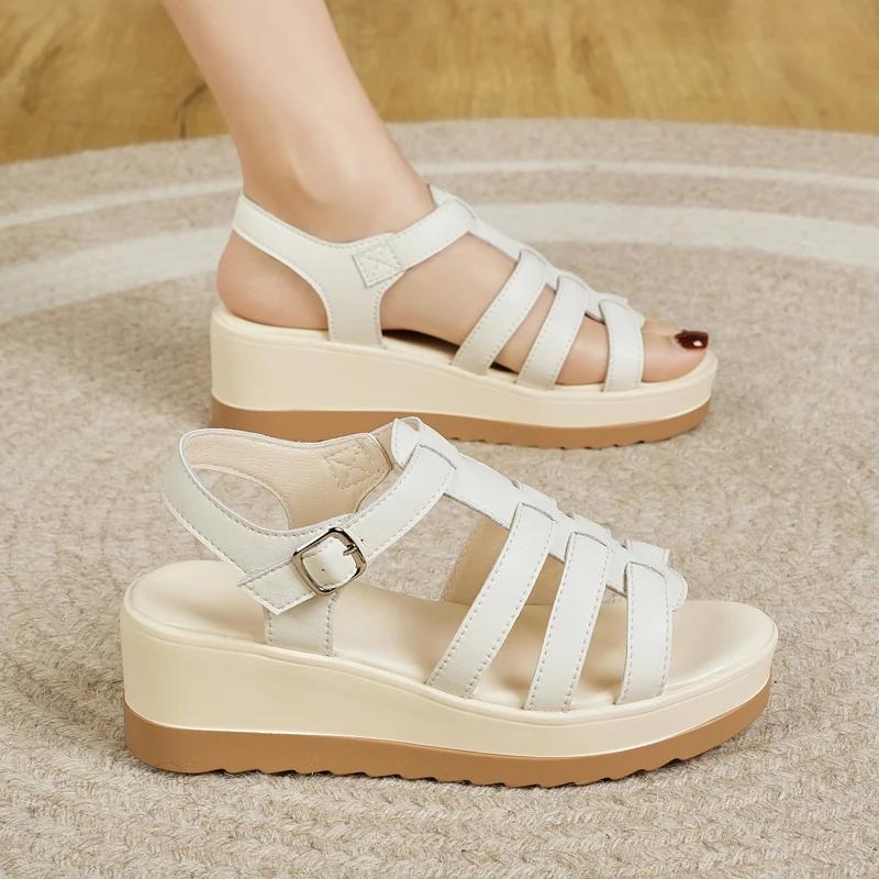 Fashion Wedge Women Shoe Women's Sandals Leather Open Toe Buckle Casual Sandals Ladies Concise Roman Shoes Sandalias De Mujer