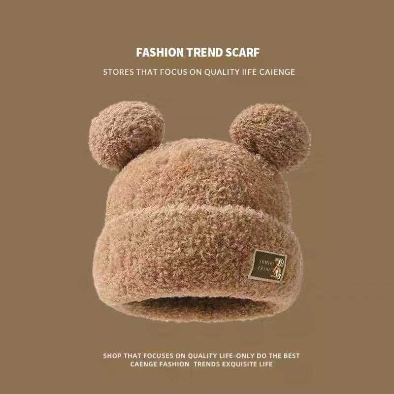 Winter Cute Bear Hat Female Thickened Warm Ear Protector Fluffy Knitted Hat Big Head Circumference Showing Face Small Wool Hat