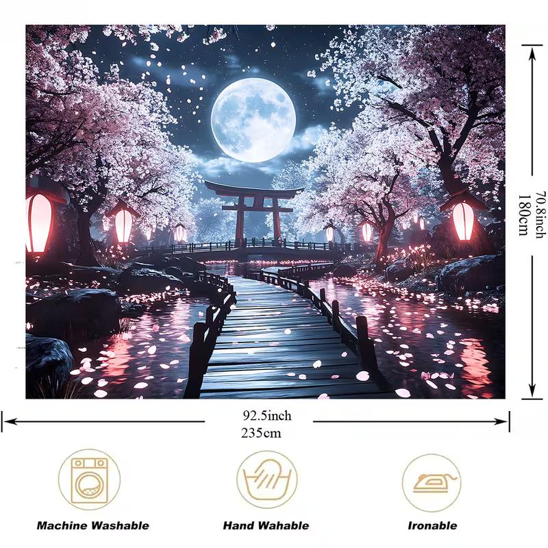 2D Magical Japanese Night Tapestry Cherry Blossom & Torii Gate Under Full Moon Wall Art