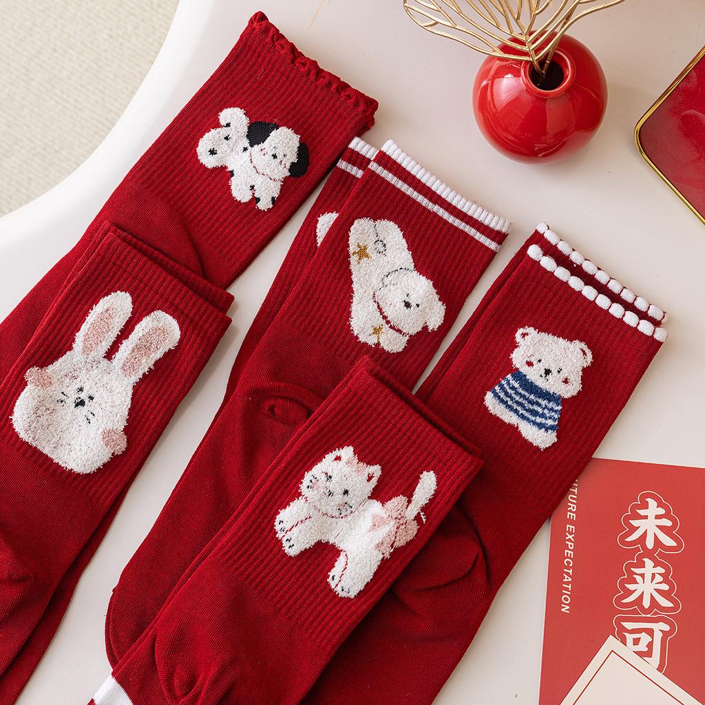 Big Red Socks Women'S Autumn And Winter Cartoon Cute Medium Tube Socks Natal Year Red Stockings New Year Cotton Socks Wedding Socks Women