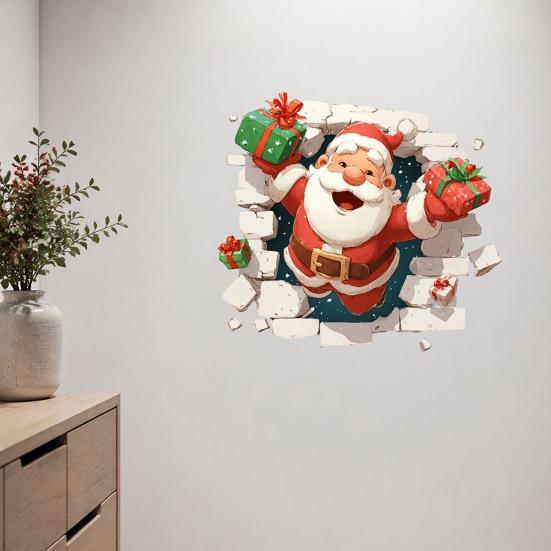 Christmas Party Supplies 3D Santa Claus Wall Decals, Break Through Reindeer Seasonal Art Window Stickers, Removable Winter Holiday Decorations
