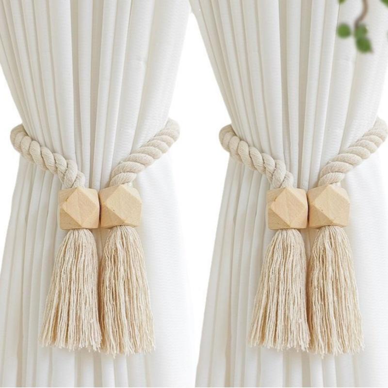 2Pcs Magnetic Wooden Tassel Window Curtain Curtain Holdbacks Bathroom Shower Curtain Accessories Home Decor Curtain Buckles