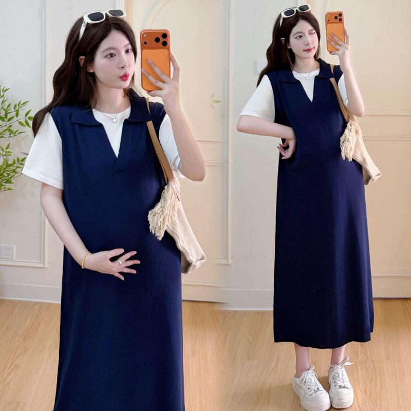 Stylish Maternity Chic Summer Mid-Length Thin Fake Two-Piece Dress for Trendy Moms