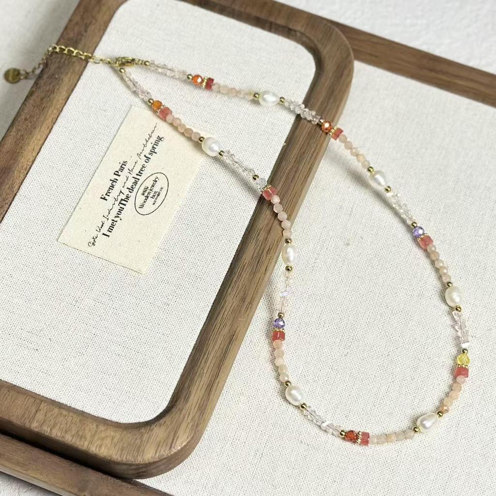 Retro Natural Stone & Freshwater Pearl Necklace - High-End Clavicle Chain for Women