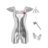 Womens Costume Sequin Heart Metallic Jumpsuit Tiered Cap Sleeve Back Invisible Zipper Bodysuit Hat Axe Gloves
