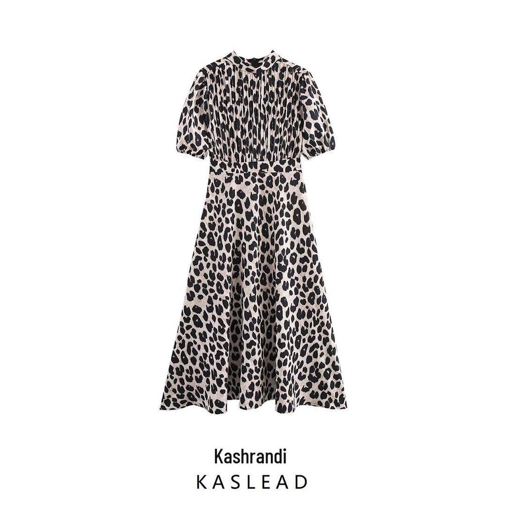 2025 Spring Women's European & American Style Print Stand-Up Collar Waist-Hugging Dress