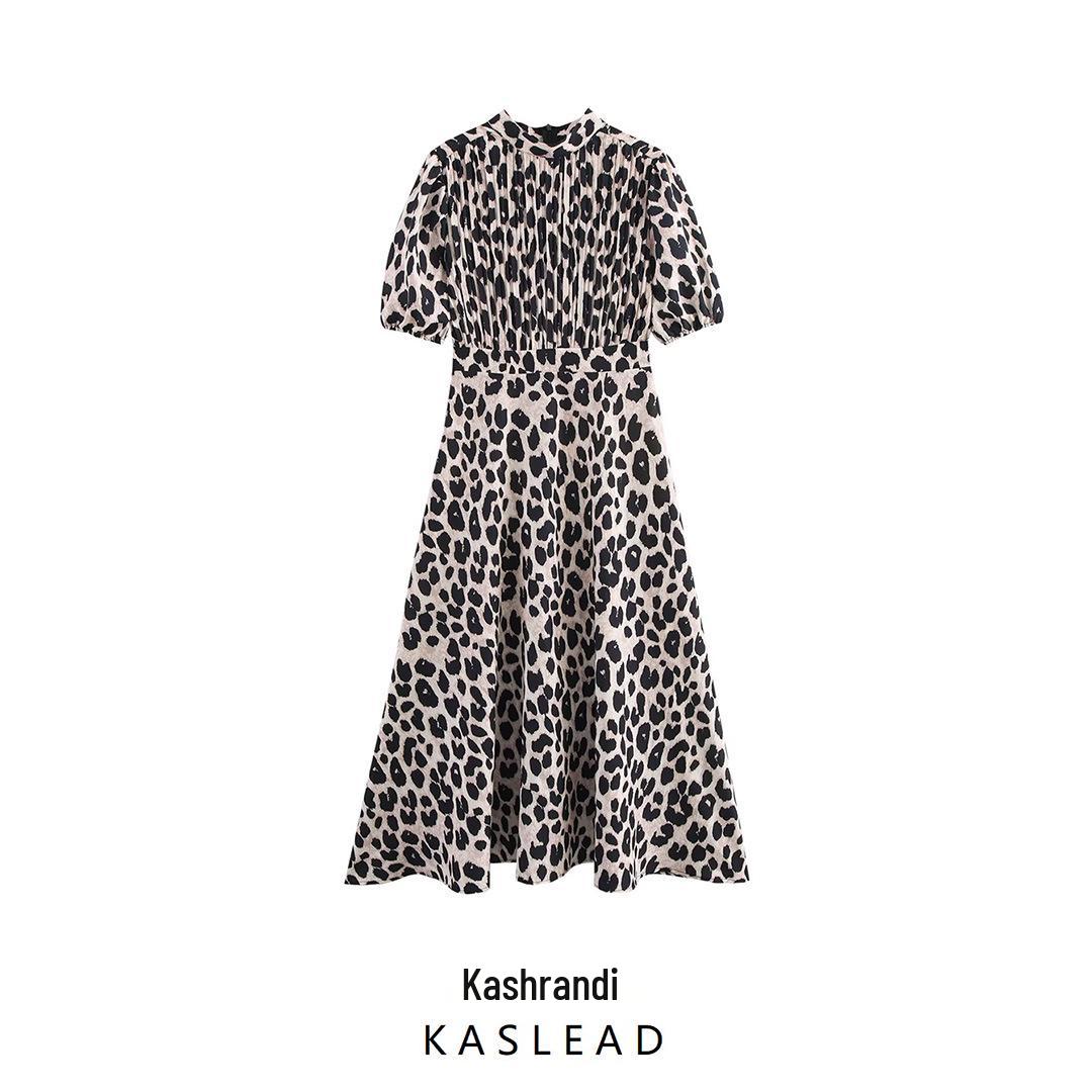 

2025 Spring Women s European & American Style Print Stand-Up Collar Waist-Hugging Dress Medium