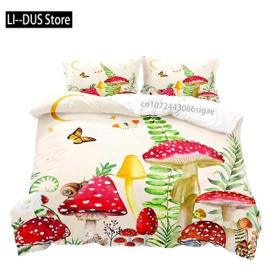 Juego de Cama de Champiñones Blancos, Funda Nórdica Tamaño Matrimonial, Funda de Colcha Botánica de Plantas Verdes, 2 Fundas de Almohada para Mujeres Niñas