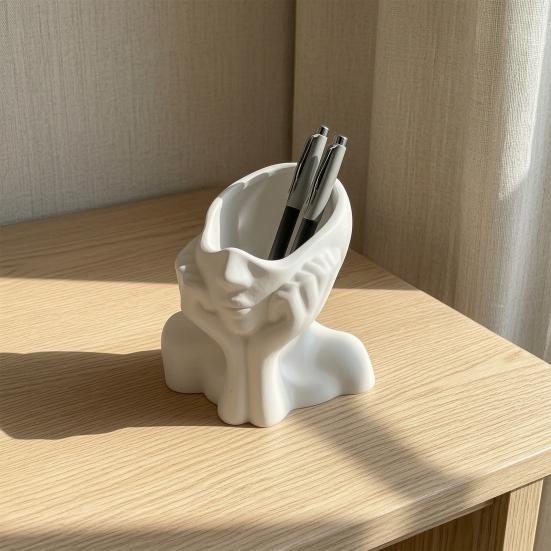 Pen Holder, Abstract Thinker Sculpture Desk Organizer, 3D Printed Holding Face Figurine Flower Vase for Makeup Brushes