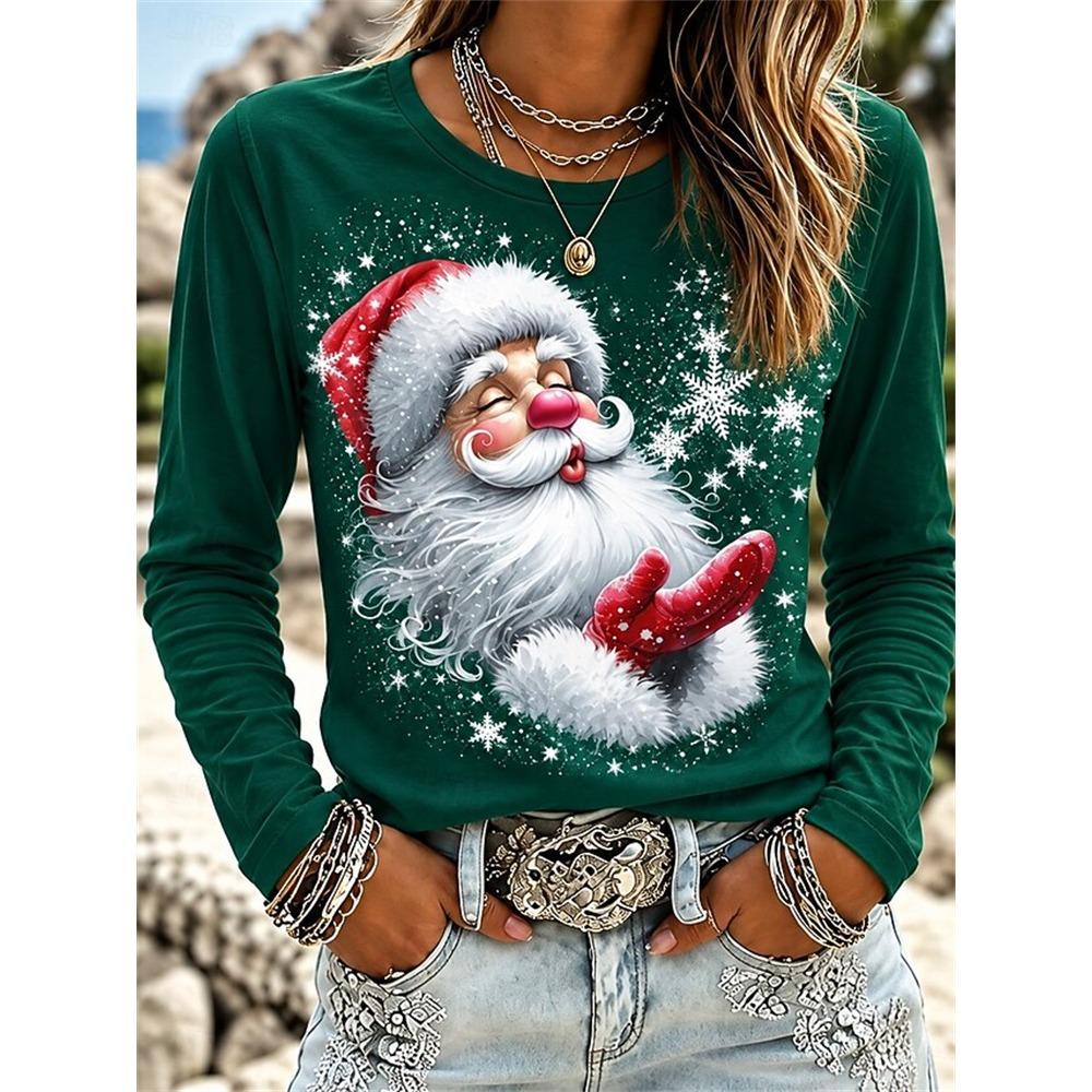 Women’s Christmas Long-Sleeve Pullover Santa Claus Snowflake Print Crew t