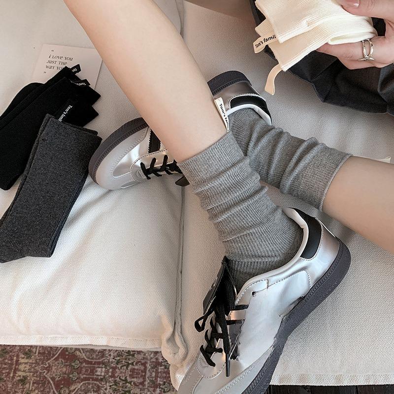Heel Cloth Label Socks for Women, Solid Color Striped Mid-calf Socks, Spring and Autumn Trendy Pile Socks, Grey Socks