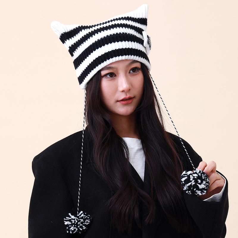 Abi wind cute striped cat ears knitted wool hat women autumn and winter cycling warm ear protection versatile pullover