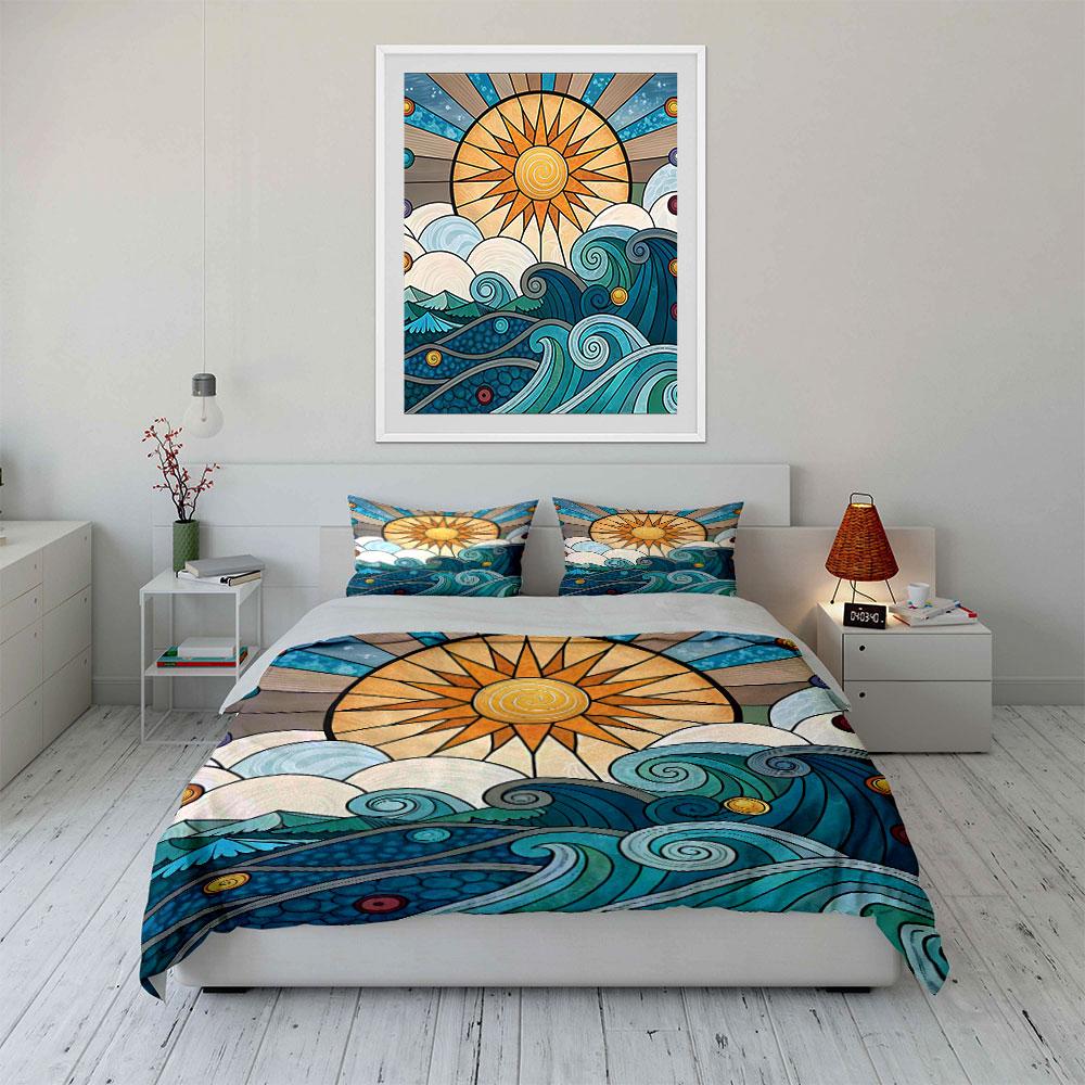 Sunburst and Ocean Waves Design Bedding Duvet Cover Set Duvet Cover Pillowcases (1 * Duvet Cover 2 * Pillowcases, Without Duvet Insert)