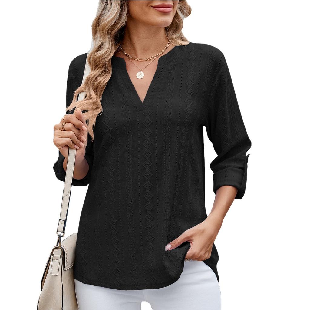 Camisetas para Mujer - Primavera Verano Camiseta Casual para Mujer Color Sólido Cuello en V Detalle de Botones Mangas Tres Cuartos Top para Mujer para Uso Diario