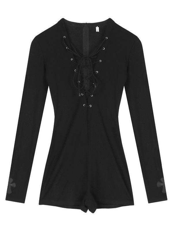 Women's Black Hollow Long Sleeve Slim Bodysuit - Autumn Petite American Style