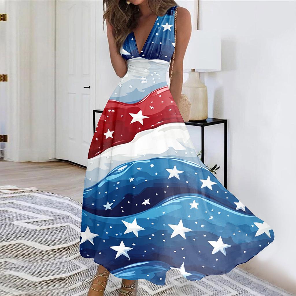 Sleeveless Maxi 4th of July Dress with Star Print Independence Day Dress for Women Casual Loose Fit Holiday Outfit