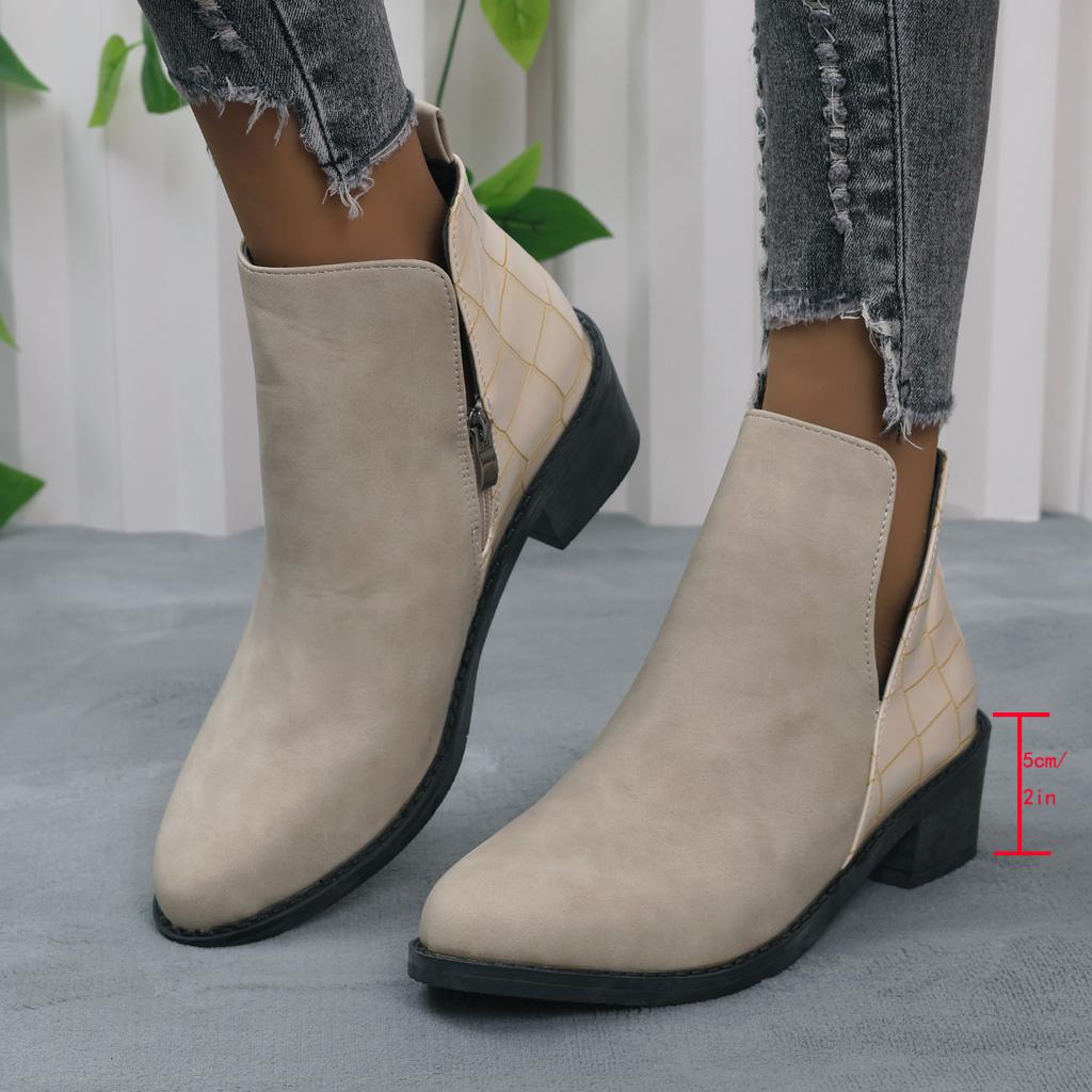2026 New Women Women'S Fashionable and Casual Low Cut Pointed Toe Chunky Heel Zipper Short Ankle Women Boots Casual
