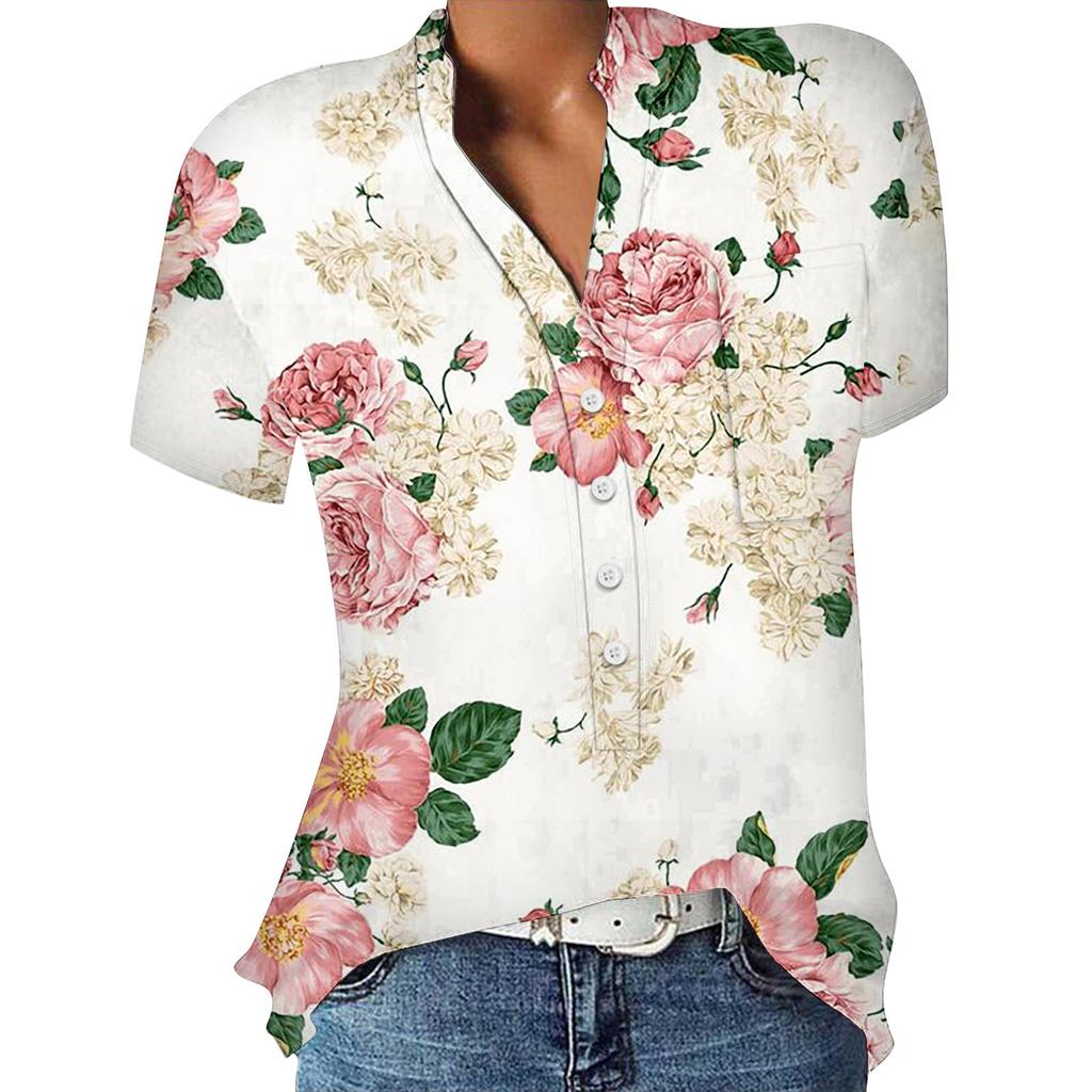 Lässige, bedruckte, kurzärmelige Hemdpullover mit V-Ausschnitt und lockeren Blusenoberteilen für Damen