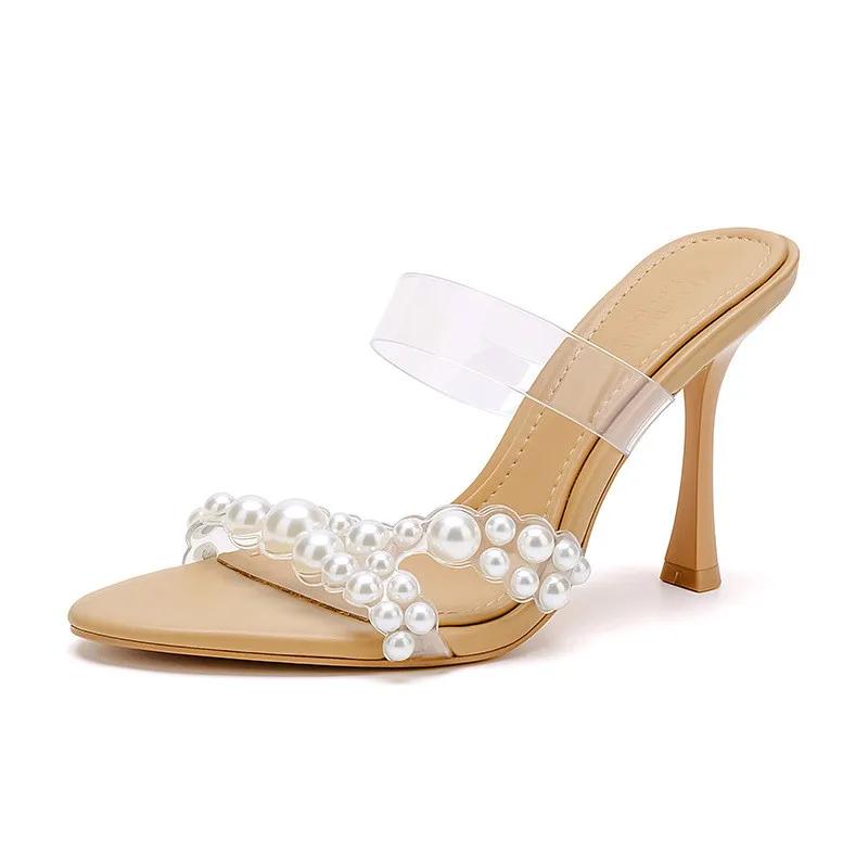 Fashion Luxury Brand Design String Bead PVC Transparent Slippers Women Summer High Heels Sandalias Fashion Open Toe Party Slide Sandals