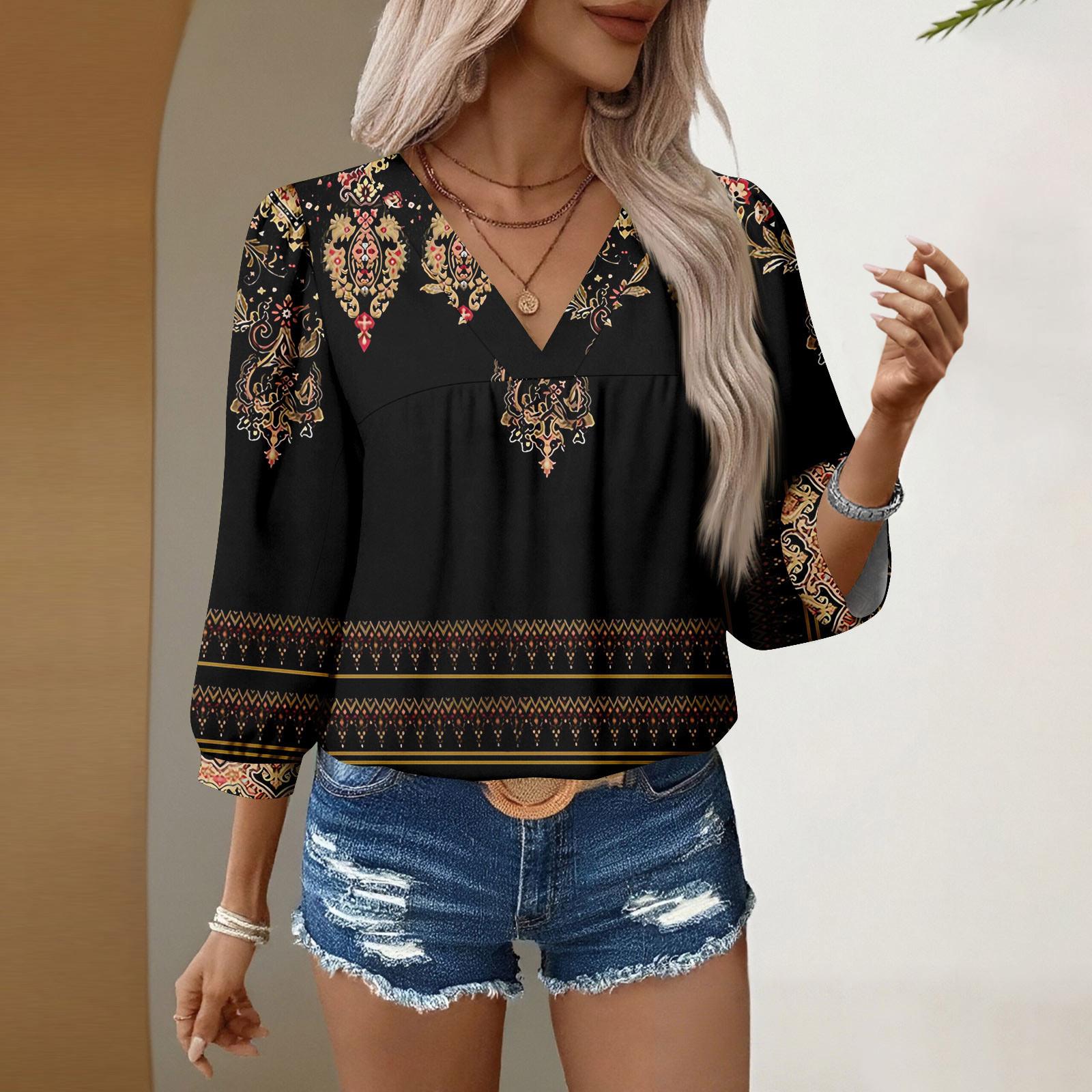 

Женские повседневные блузки с V-образным вырезом и цветочным принтом, рукав 3/4, бохо, осенние топы, рубашки M чёрный