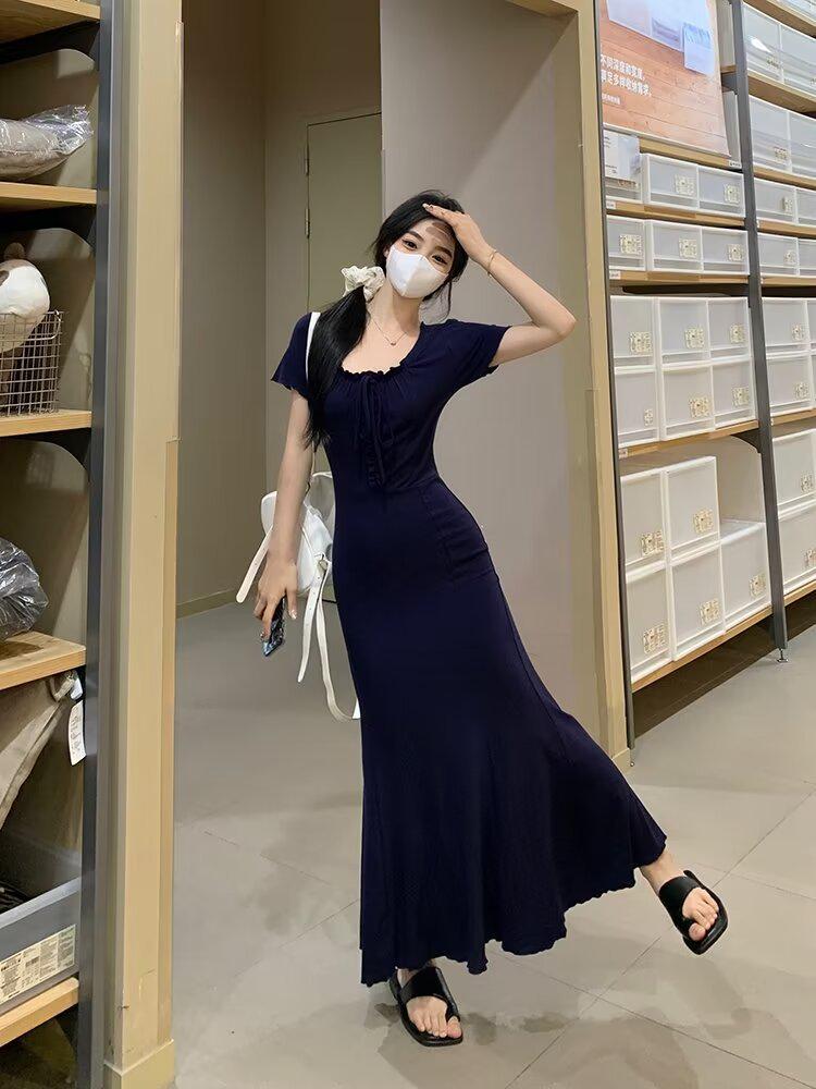 

Женское летнее платье 2024 года приталенного кроя с квадратным вырезом, плиссировкой и шнуровкой, с короткими рукавами XL синий