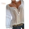 Fetong Autumn Elegant Hollow Lace Stitching Solid Color Women Long Sleeve Shirt Top