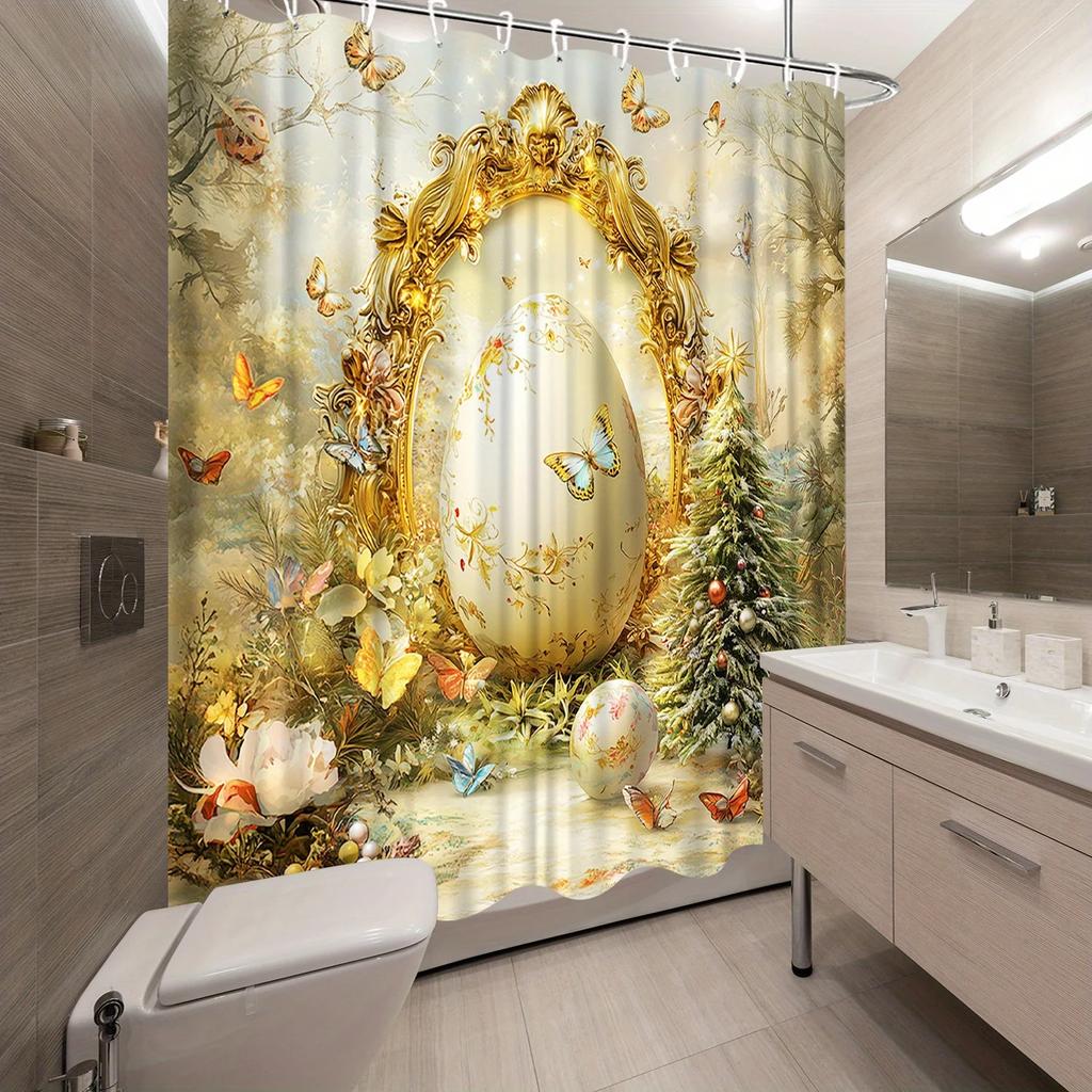 1pc Golden Ornate Frame Shower Curtain - Butterflies & Snowy Christmas Tree, Dreamy Arts Theme, Woven Fabric