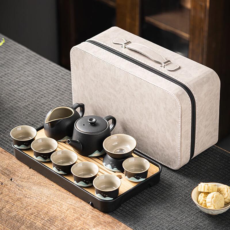 Zhuijia High-End Black Pottery Kung Fu Tea Set Medium Tray + Grey Travel Bag