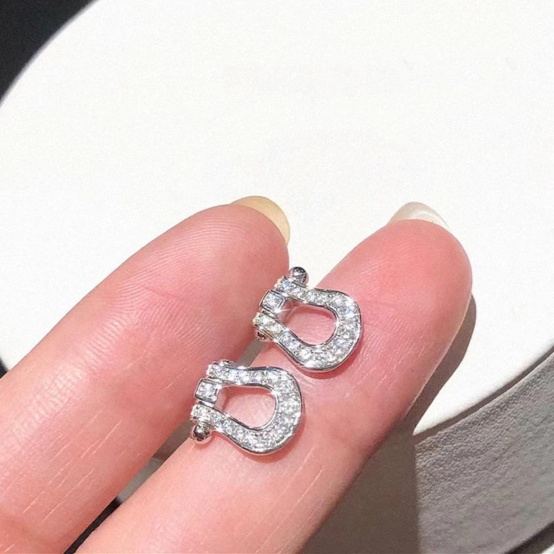 Huitan Fancy U Shaped Ear Stud for Women Paved Crystal Cubic Zirconia Dainty Female Earrings Daily Wear Modern Fashion Jewelry