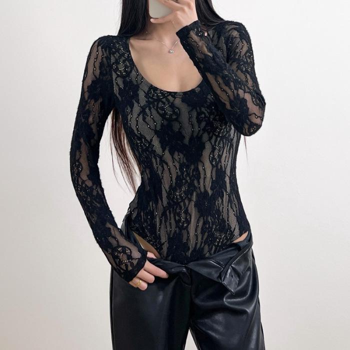 Elegant Long-Sleeve Lace Bodysuit - 2025 Slim-Fit Autumn Style for Women.