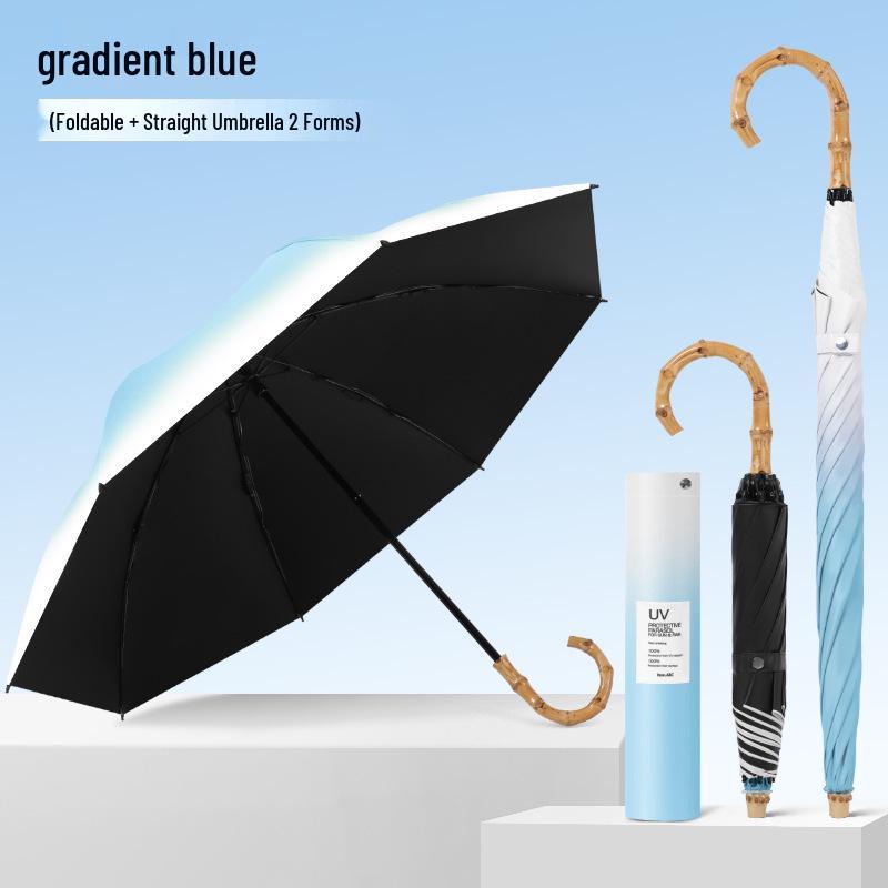 Bamboo Handle Two-Fold Umbrella - Lightweight Black UV Protection and Sunscreen Parasol