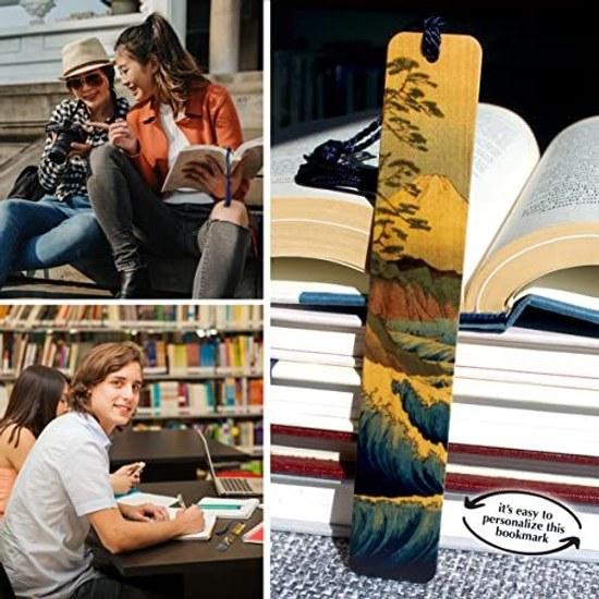 Mount Fuji Japanese Art Hokusai Wood Bookmark Landscape Design Handmade Blue University-style Chenille Tassel Made America