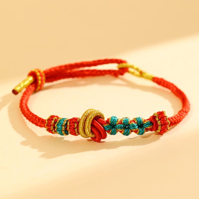 DIY Peach Blossom Bracelet Kit: Beadable Dimple Knot with Gold Luck Beads on Red Rope