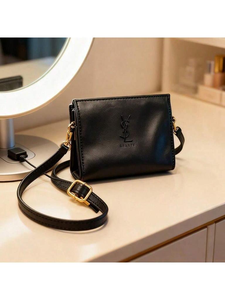 YSL-Retro Minimalist Handmade DIY Black Square Bag (Embossed Logo), Light Luxury Textured Single Shoulder/Crossbody Bag