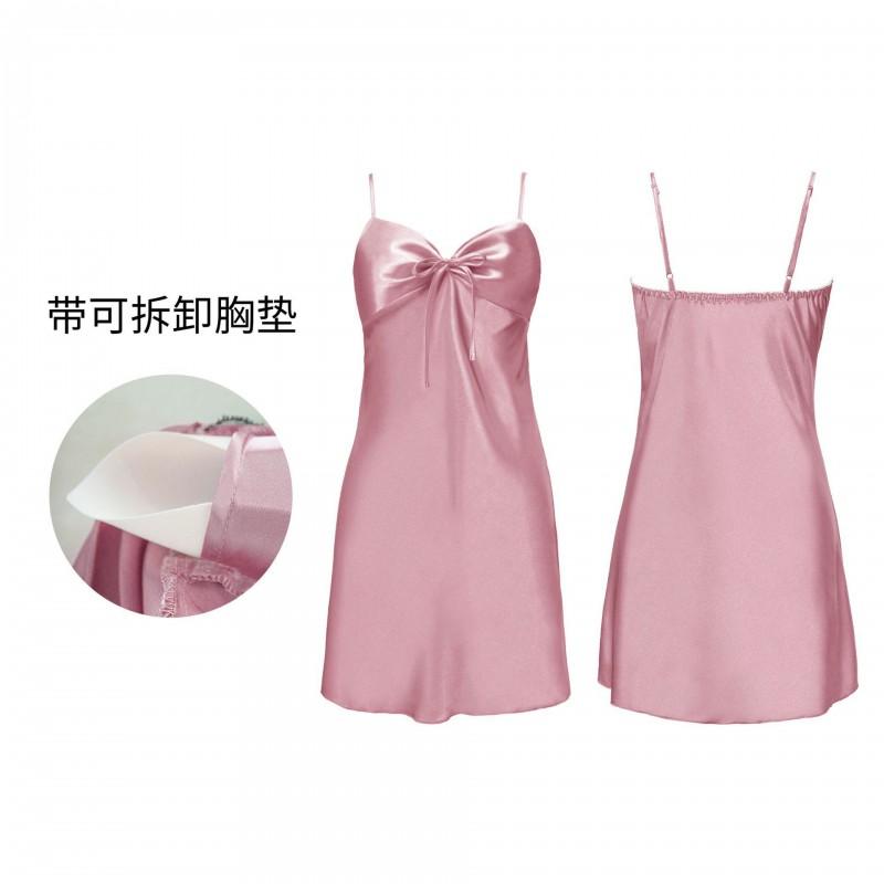 Womens Ice Silk Sleep Dress With Built-in Pads Backless Spaghetti Strap Nightgown Home Wear