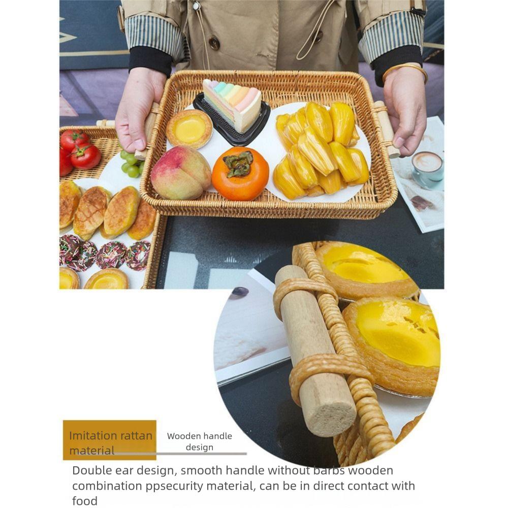Plastic Rattan Threads Food Serving Tray Wooden Handle Desktop Organizer  Office