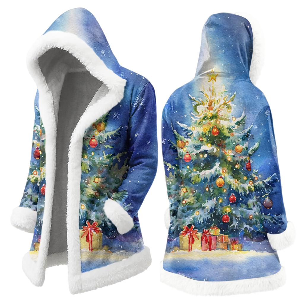 Men's Christmas Long Hooded Cardigan With Pockets Warm Jacket