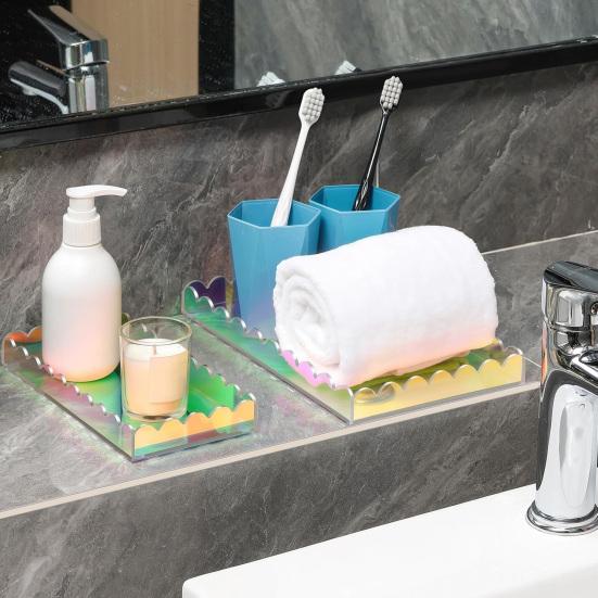 1/2Pcs Acrylic Bathroom Vanity Tray Multi-purpose Soap Dispenser Perfume Holder Storage Tray Living Room Counter Rectangle Decorative Scalloped Tray