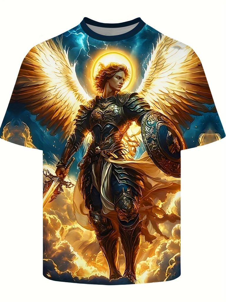 Mens 3d Angel Warrior Graphic T Shirt Golden Sword Design 3D Printed Tshirt For Men Clothes Wing Ornate Border Unisex Tee Tops