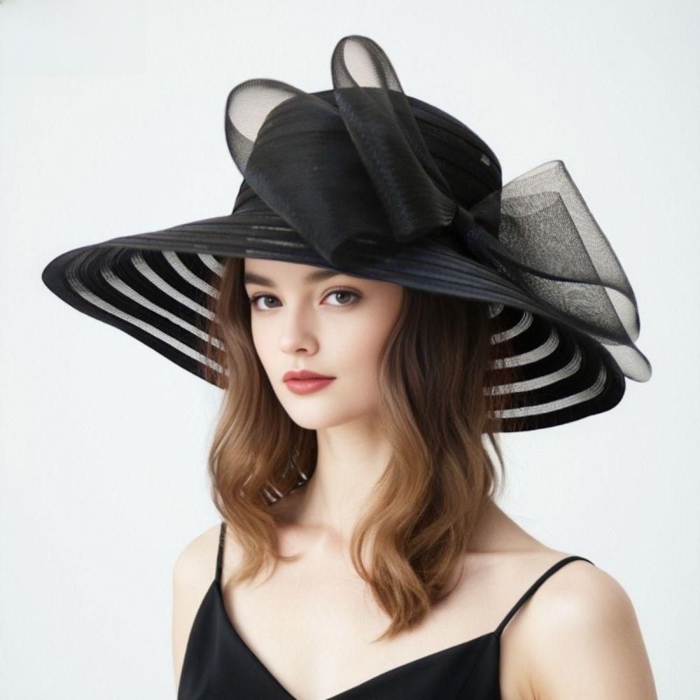 Fashionable Ruffles Design Organza Mesh Hat Wide Brim Breathable Sun Hat Large Bow Beach Hat Dance Dinner