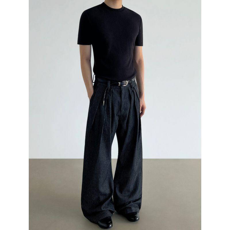 Blaexit Retro Vintage Style Original Cowhide Color Three-Pleat Striped Dress Pants Men's Casual Drape Wide-Leg A-Line Jeans