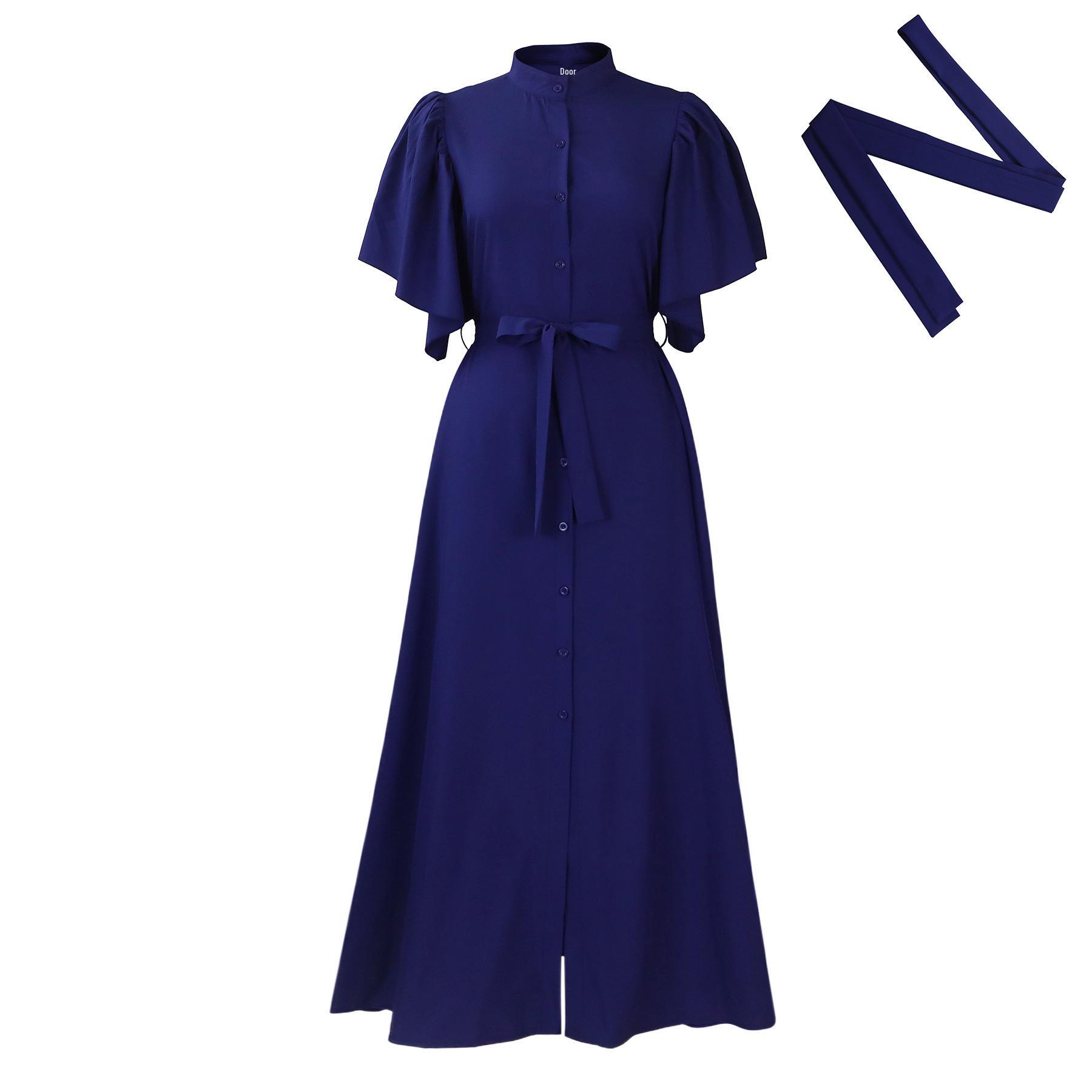 

Элегантное длинное платье с расклешенными рукавами и приталенным силуэтом XL темно-синий