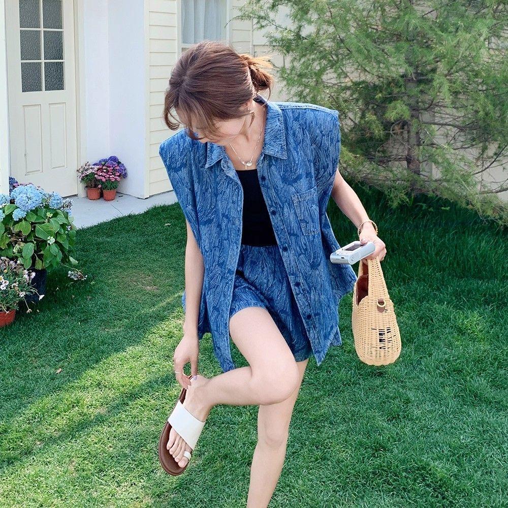 

Модный облегающий джинсовый жилет с вышивкой и шорты, женский летний комплект в европейском стиле из двух предметов XL синий