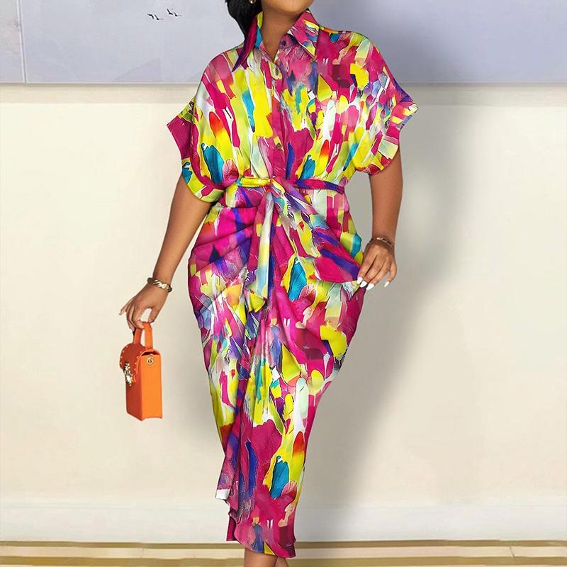 

BITCED Женское осеннее платье-рубашка с длинным рукавом, V-образным вырезом, пуговицами и принтом, длинное платье XXL жёлтый