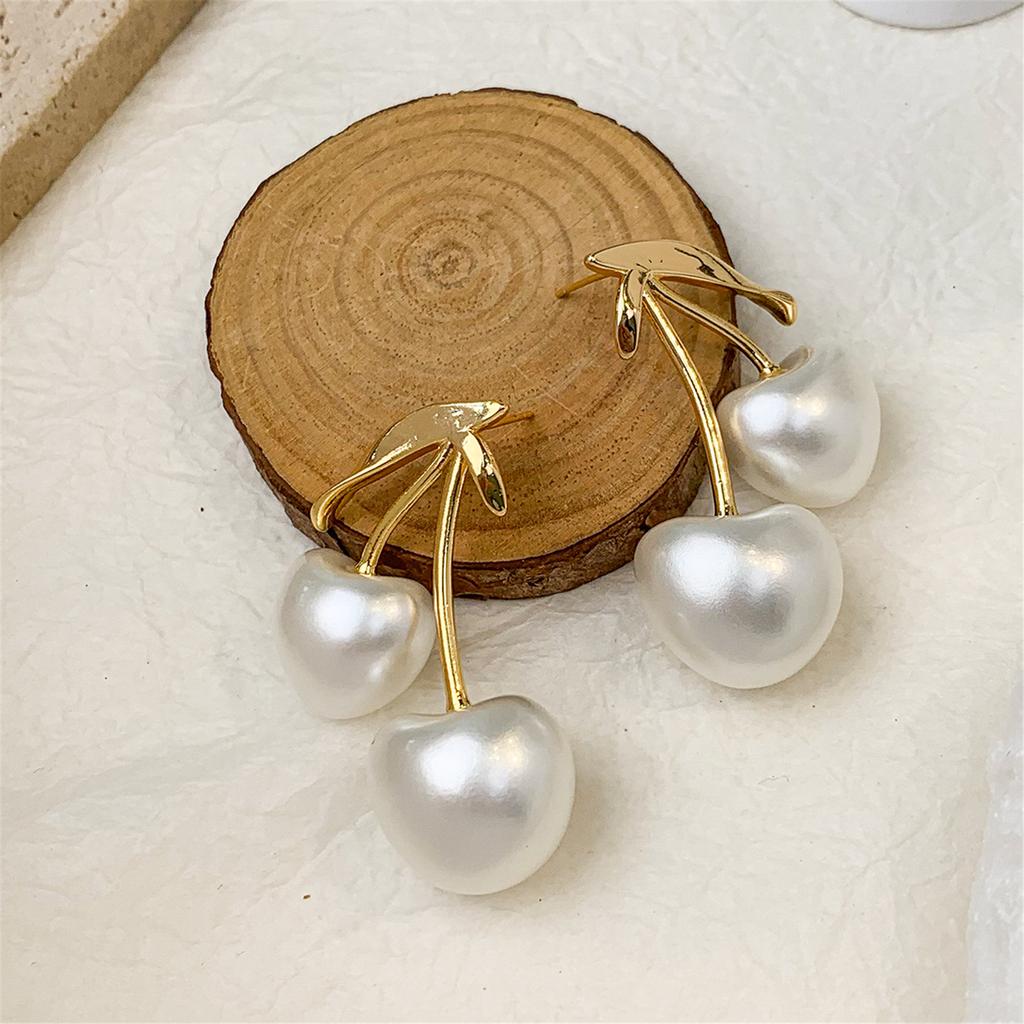French Style Cherry Pearl Earrings Unique Cream Cherry Pearl Earrings For Sensitive Skin Daily Wear Special Occasions